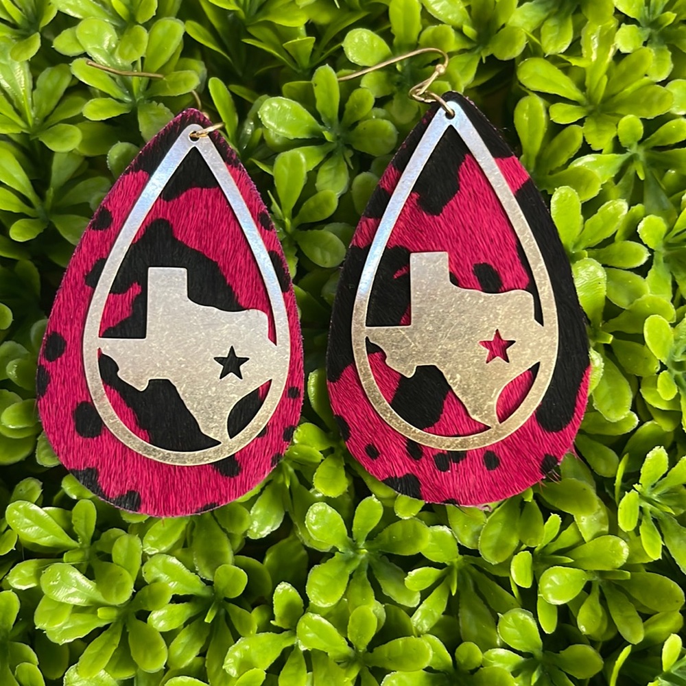 Red & Black Cow Print Texas Earrings